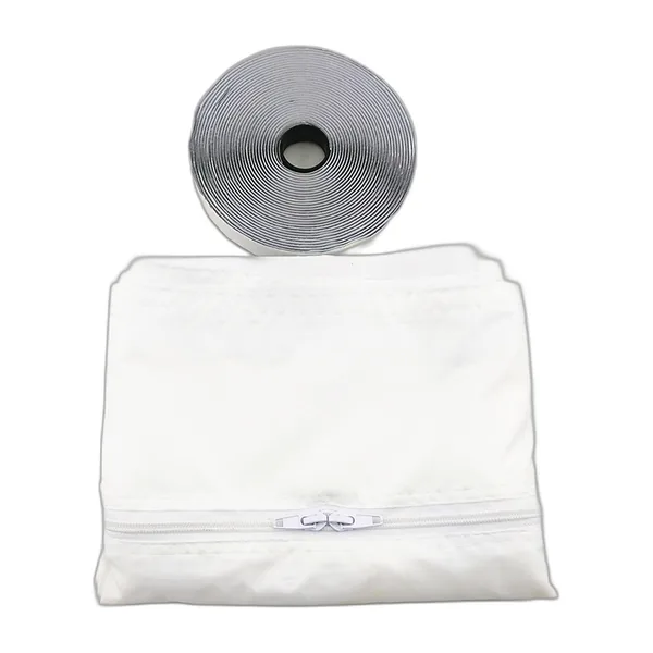 Kit de calfeutrage de fenêtre pour climatiseur mobile : toile blanche pliée avec fermeture éclair et rouleau de bande auto-agrippante