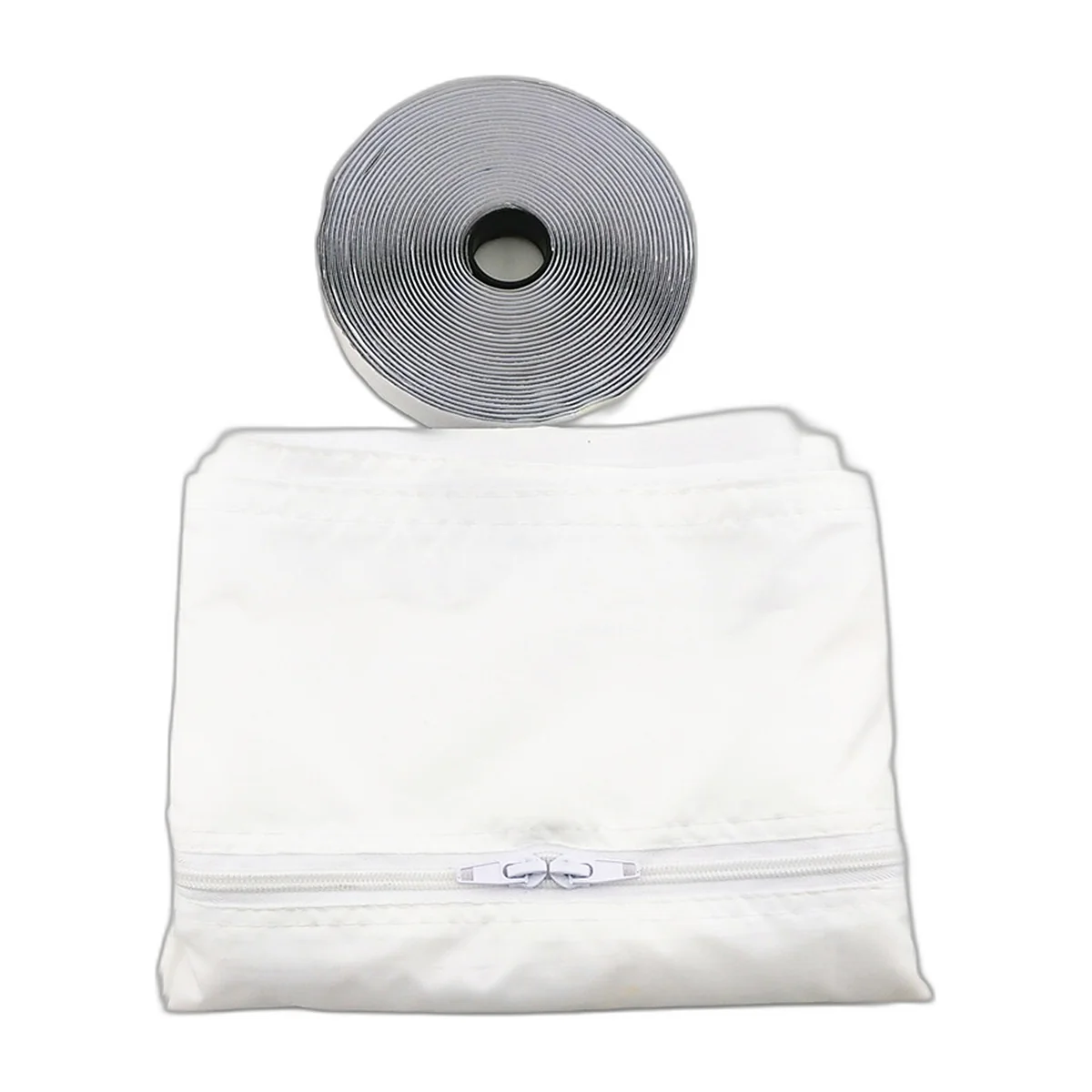 Kit de calfeutrage de fenêtre pour climatiseur mobile : toile blanche pliée avec fermeture éclair et rouleau de bande auto-agrippante — vue 1