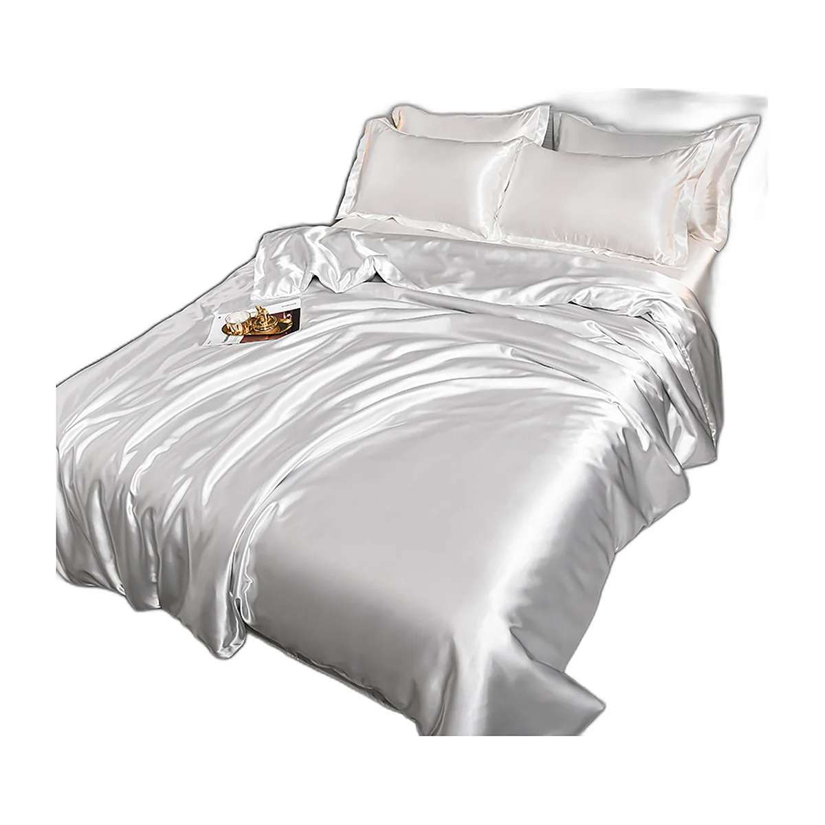 Parure de lit 4 pièces effet soie glacée, lit double : photo du produit