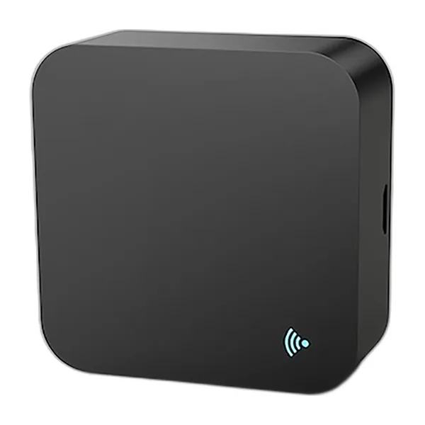 Boîtier noir carré de télécommande infrarouge Wi-Fi universelle, vue de trois quarts