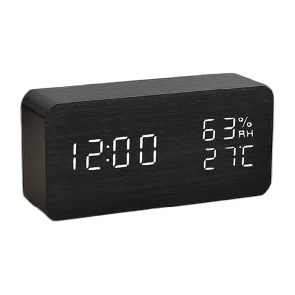 Thermo-hygromètre horloge à façade effet bois noir, affichage LED blanc de l’heure, de la température et de l’humidité