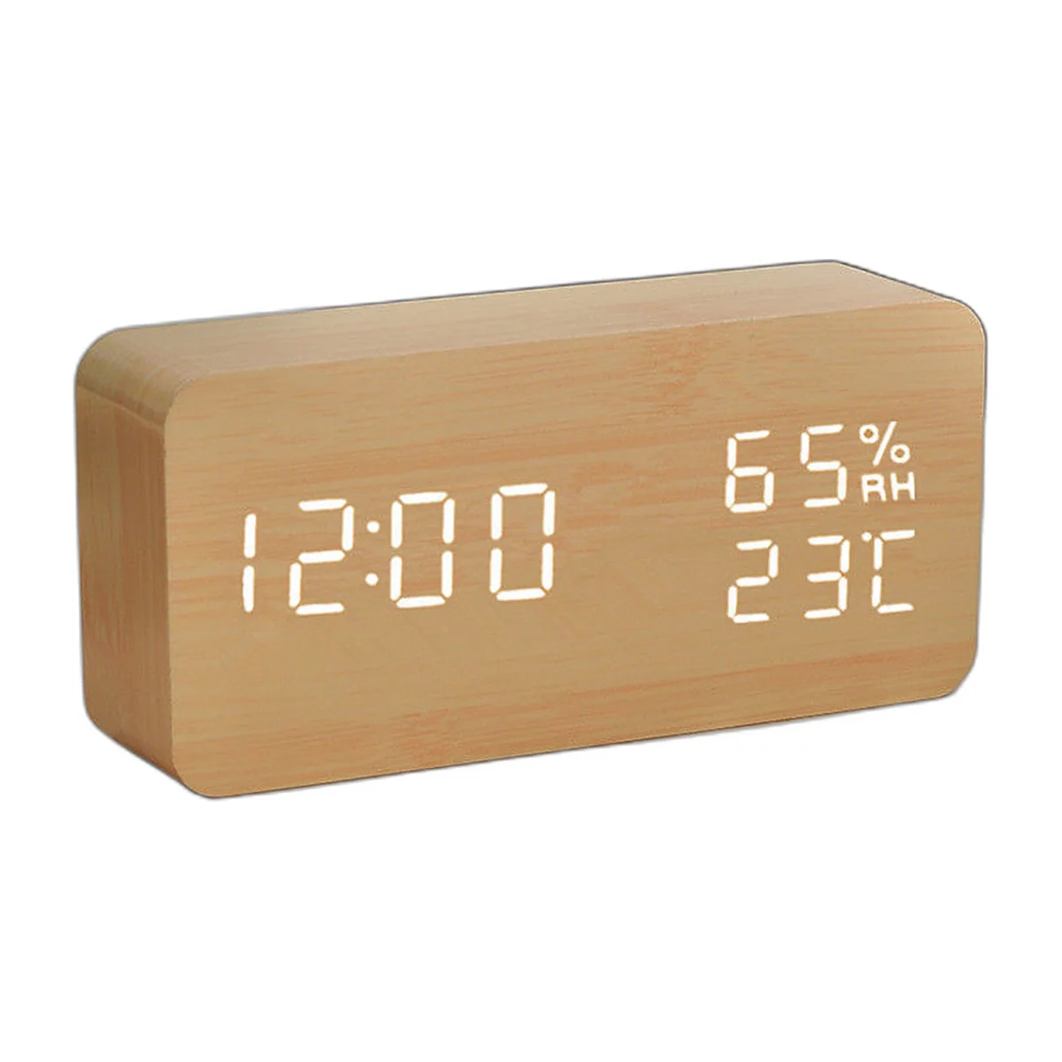 Thermo-hygromètre horloge à façade effet bois noir, affichage LED blanc de l’heure, de la température et de l’humidité — vue 5