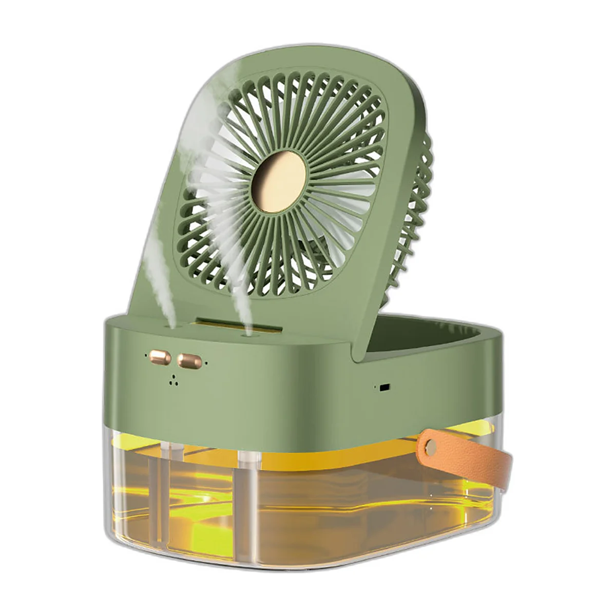 Ventilateur brumisateur de table vert, tête inclinable, réservoir d’eau transparent et poignée — vue 1