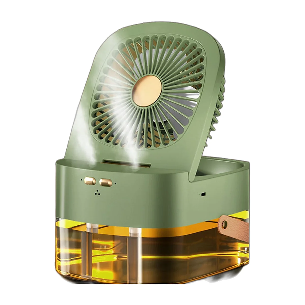 Ventilateur brumisateur de table vert, tête inclinable, réservoir d’eau transparent et poignée — vue 2