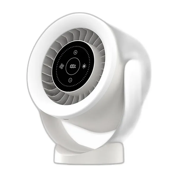 Ventilateur de bureau blanc à anneau lumineux et écran tactile, sur pied orientable
