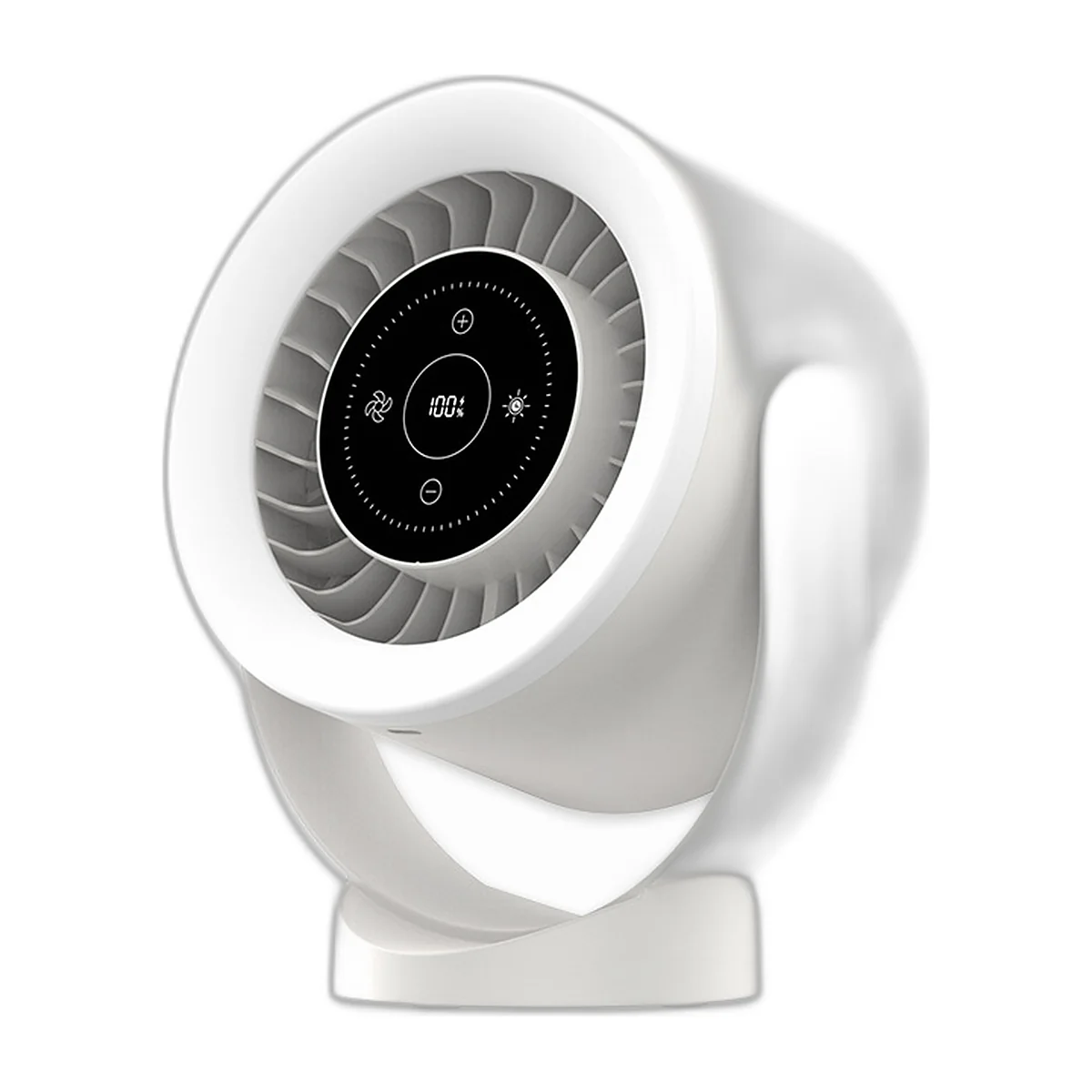 Ventilateur de bureau blanc à anneau lumineux et écran tactile, sur pied orientable — vue 1
