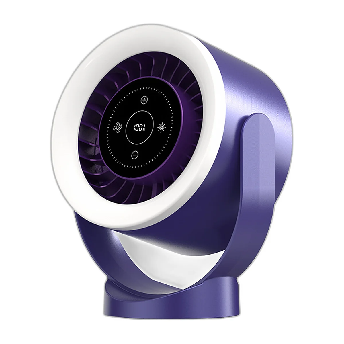 Ventilateur de bureau blanc à anneau lumineux et écran tactile, sur pied orientable — vue 3