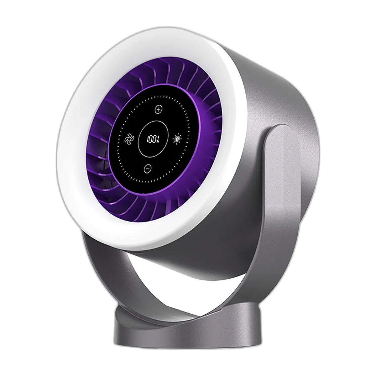 Ventilateur de bureau blanc à anneau lumineux et écran tactile, sur pied orientable — vue 4