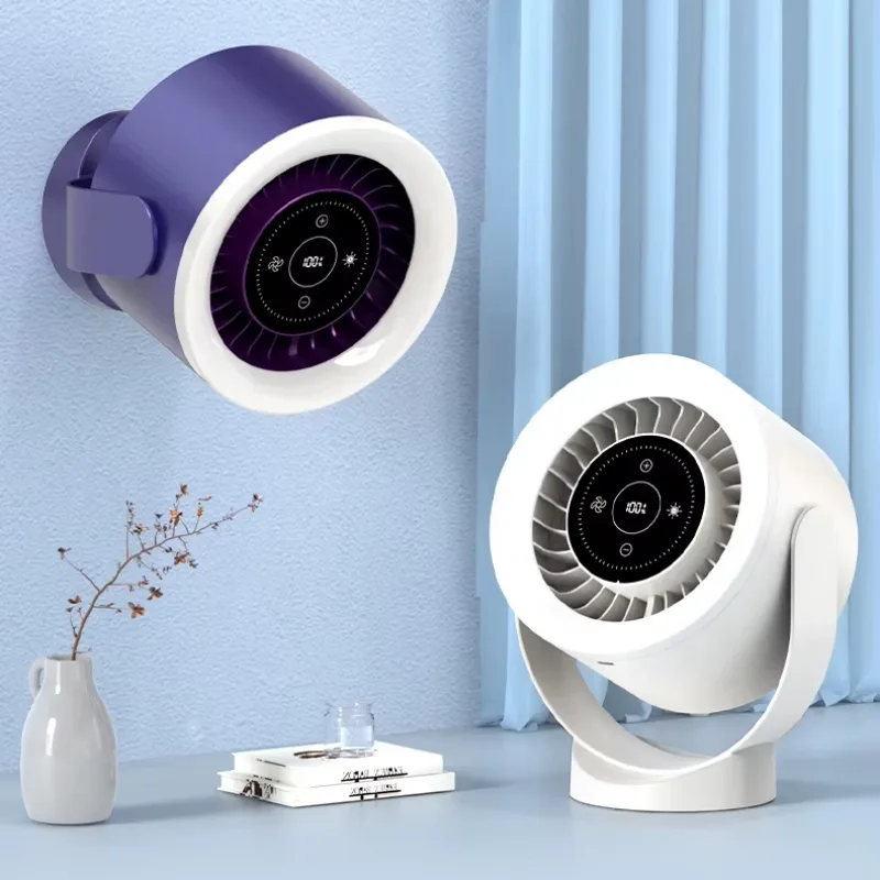 Ventilateur à anneau lumineux posé sur un meuble et un second fixé au mur